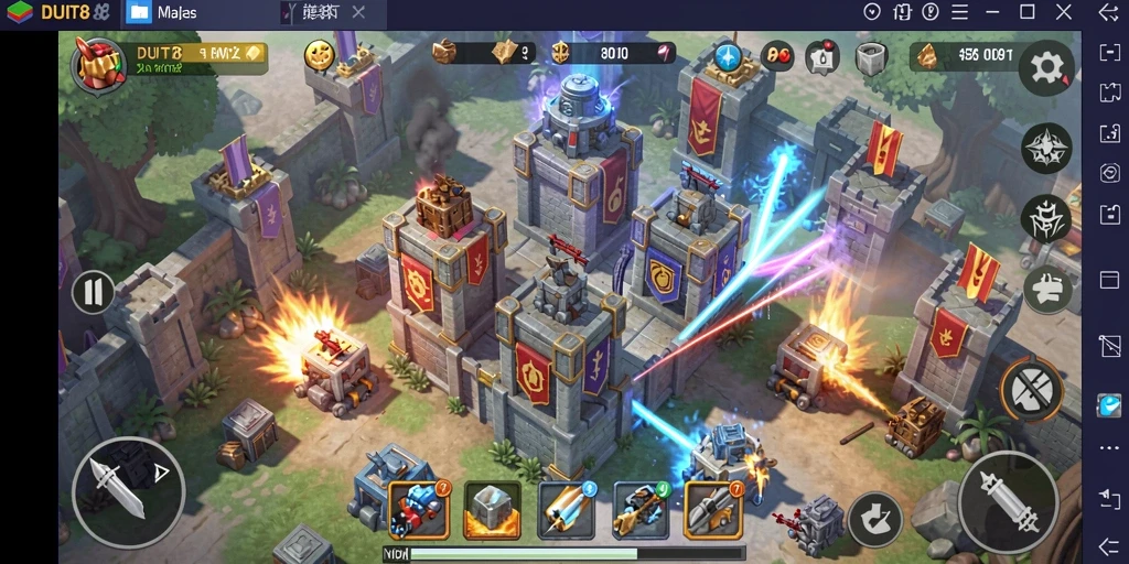 Tampilan gameplay <strong>DUIT8</strong> yang menegangkan dalam pertempuran Tower Defense.