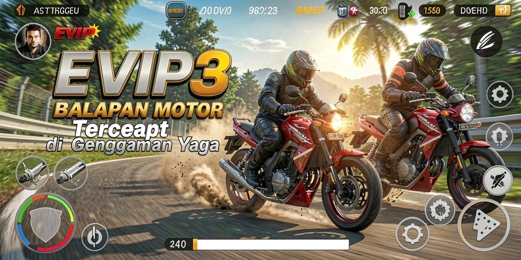 Gameplay EVIP3 yang penuh aksi saat balapan motor.