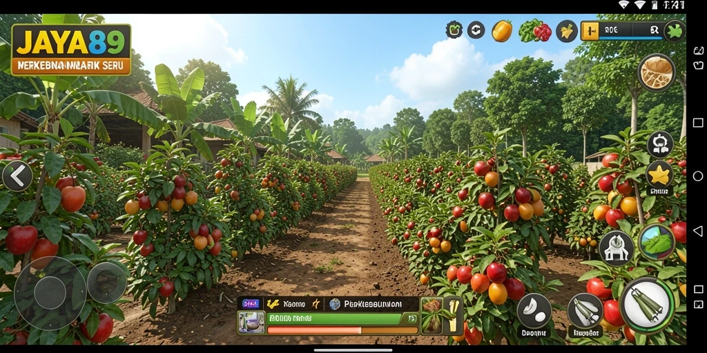 Tampilan gameplay <strong>JAYA89</strong> dengan kebun yang rimbun dan hewan ternak.