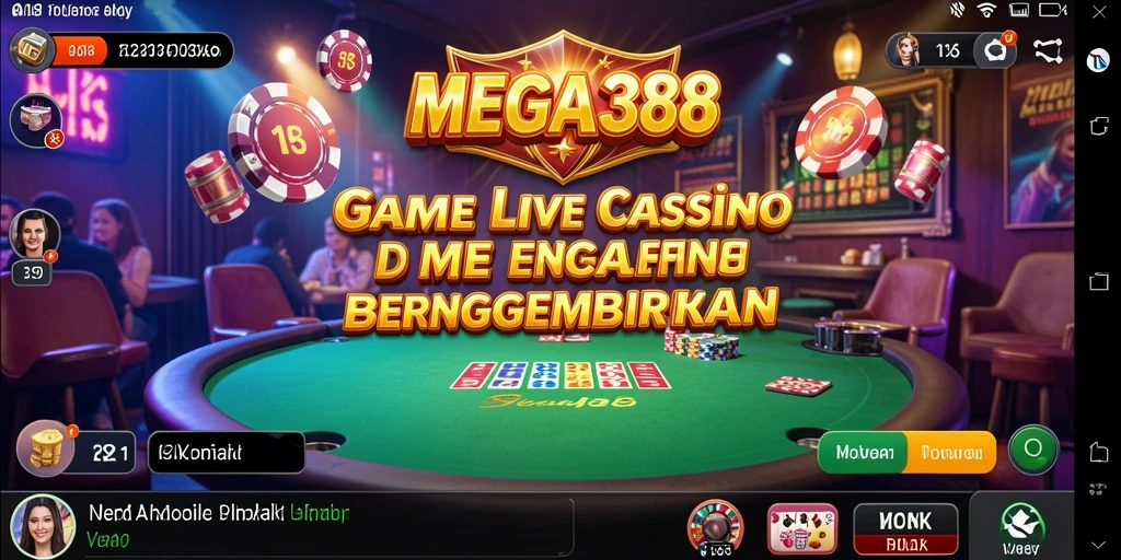 Screenshot gameplay MEGA388 yang menunjukkan dealer langsung dan suasana kasino.