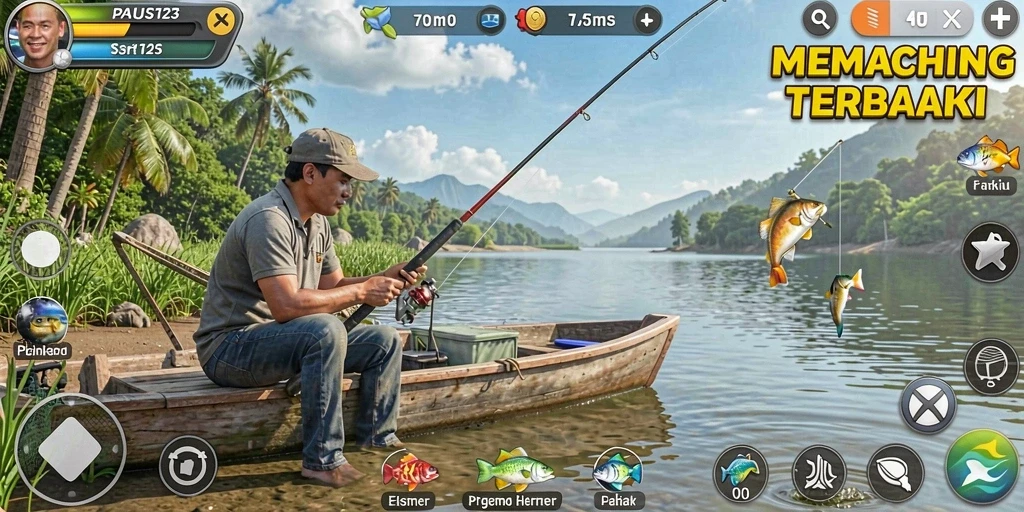 Screenshot utama PAUS123 menampilkan pemain dalam aksi memancing di lautan.