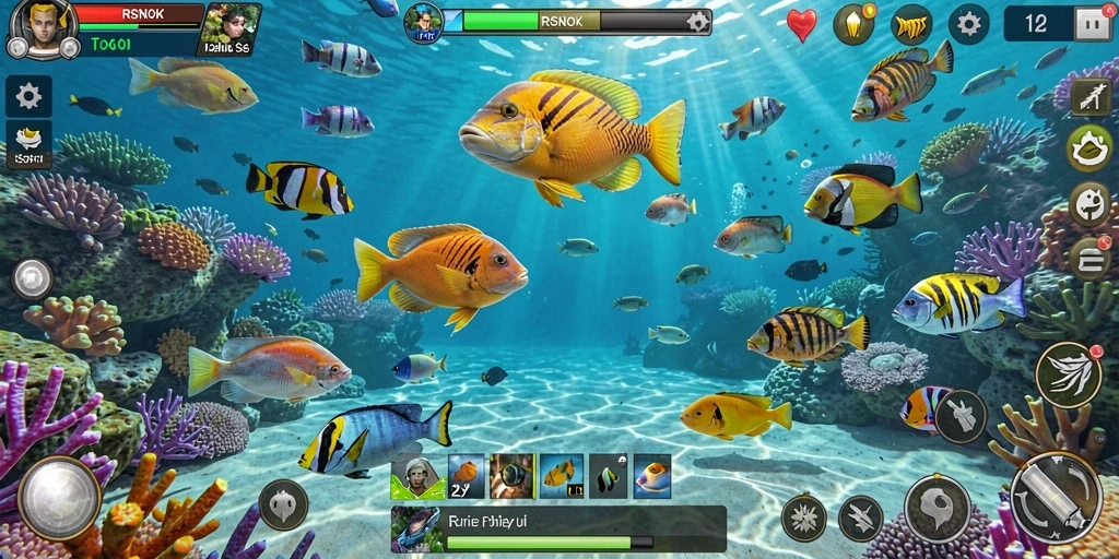 Screenshot gameplay RSNOK menampilkan aksi seru saat berburu ikan.