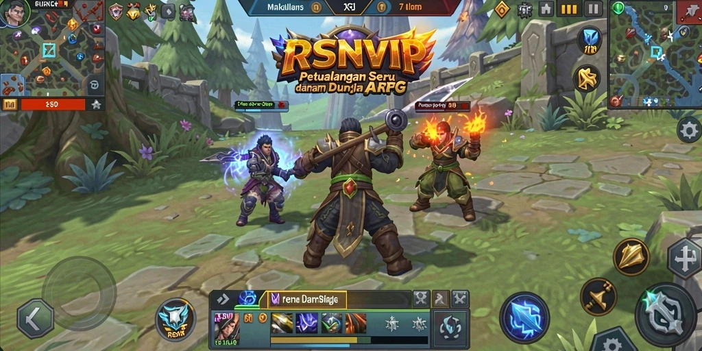 Tangkapan layar gameplay RSNVIP menampilkan pertarungan karakter yang epik dan lingkungan yang menawan.