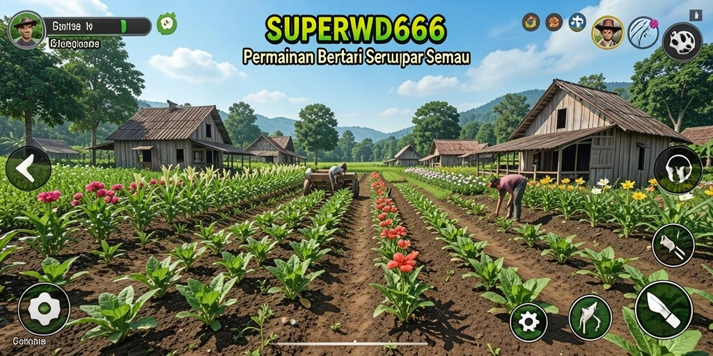 Screenshot gameplay <strong>SUPERWD666</strong> menampilkan ladang hijau yang rimbun dan berbagai aktivitas pertanian.